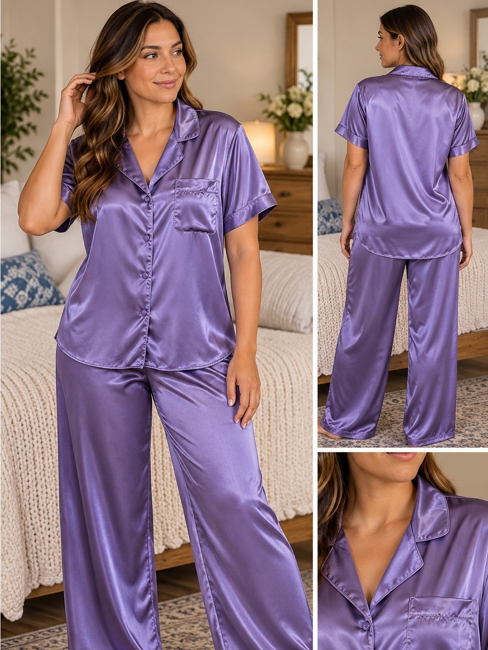 Vintage California Dynasty Satin Short-Sleeve Button-Up Pajama Set - Lavender